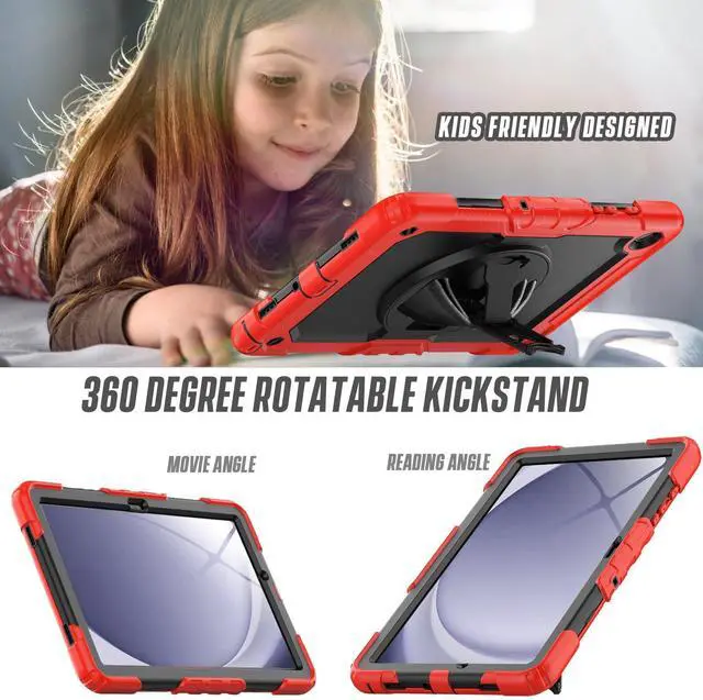 Alt view image 5 of 5 - Herize Case for Samsung Galaxy Tab A9+ 11 Inch with Screen Protector | SM-X210/X215/X216 Cover for Kids | Shockproof Rugged Protective Case W/Stand Hand Strap Shoulder Strap for Tab A9 Plus | Red