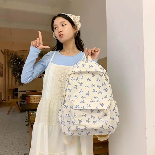 Alt view image 2 of 5 - Fishjhan Bow Backpack Large Capacity Kawaii Aesthetic Japanese Backpack Cottagecore Laptop Bag with Cute Accessories (Blue)