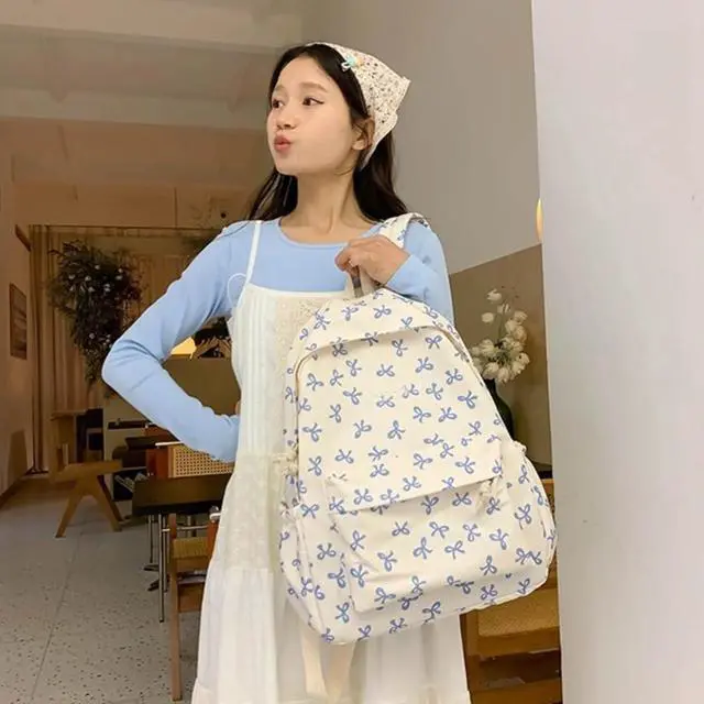 Alt view image 4 of 5 - Fishjhan Bow Backpack Large Capacity Kawaii Aesthetic Japanese Backpack Cottagecore Laptop Bag with Cute Accessories (Blue)