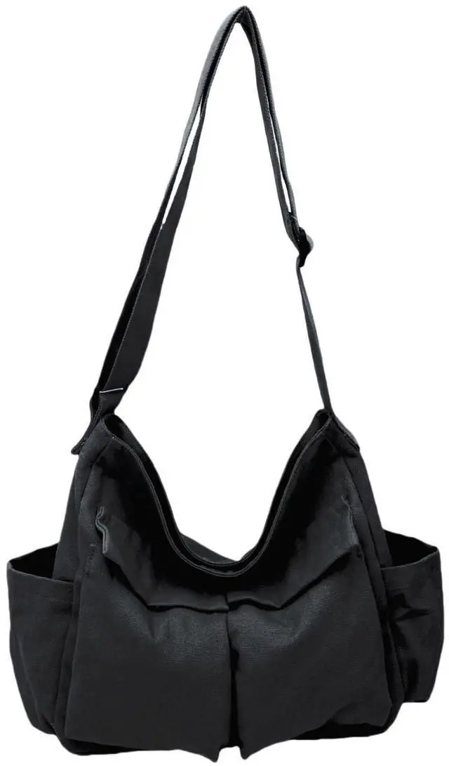 Main image of Vintage Canvas Messenger Bag for Women & Men School Large Laptop Bag with Multiple Pockets Shoulder Tote Bag, Black