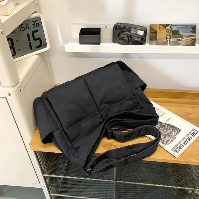 Alt view image 2 of 5 - Vintage Canvas Messenger Bag for Women & Men School Large Laptop Bag with Multiple Pockets Shoulder Tote Bag, Black