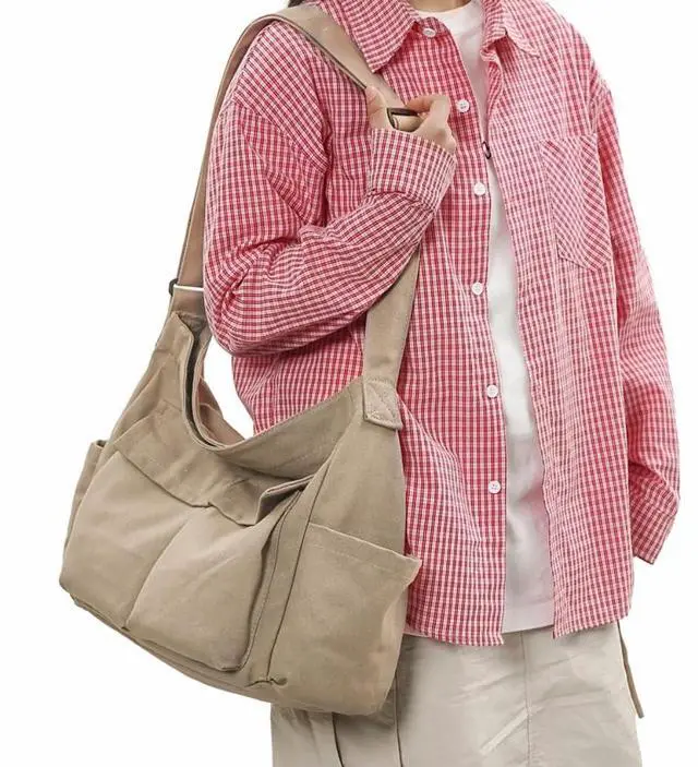 Alt view image 5 of 5 - Vintage Canvas Messenger Bag for Women & Men School Large Laptop Bag with Multiple Pockets Shoulder Tote Bag, Black