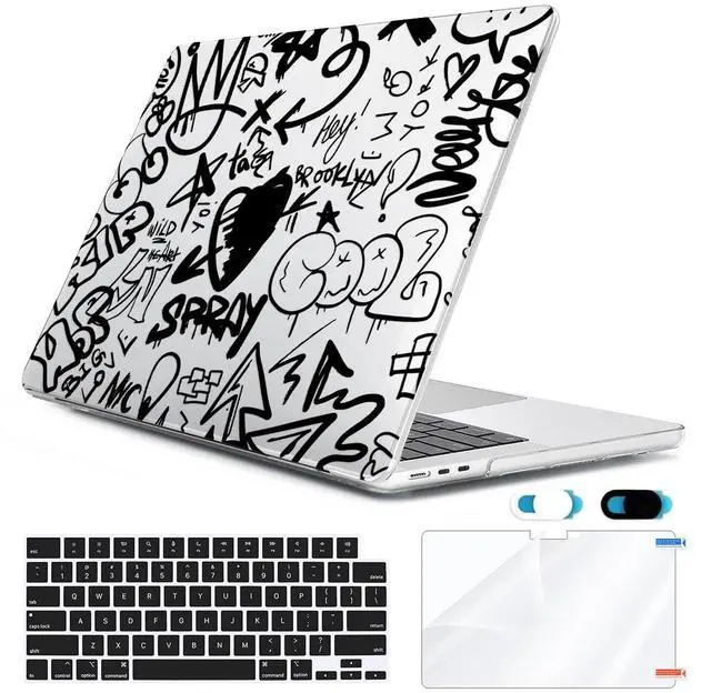 Main image of HOHAIYOO Compatible with MacBook Pro 16 inch Case 2024 2023 2022 2021 Release M4 A3186 A3403 M3 A2991 M2 A2780 M1 A2485, Hard Case Shell+Keyboard Cover+Screen Protector+Webcam Cover, Black Graffiti