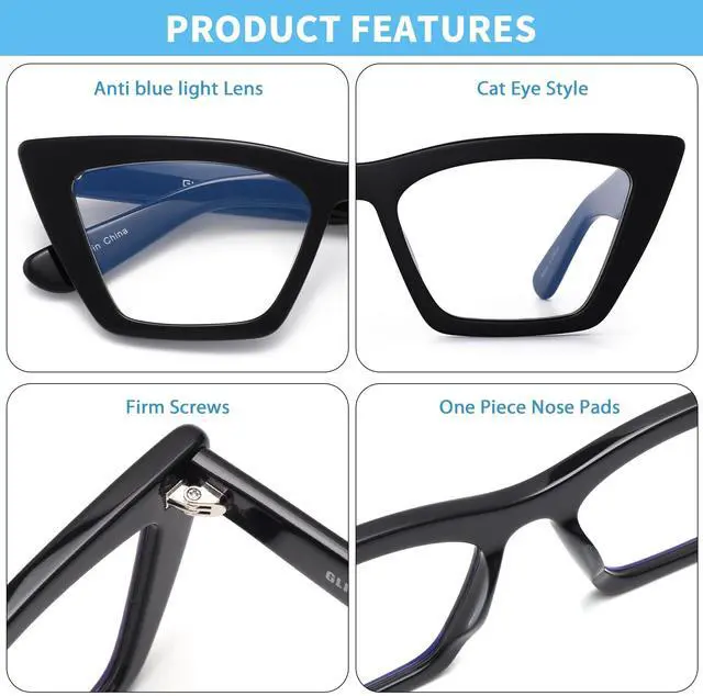 Alt view image 4 of 5 - GLINDAR Cat Eye Blue Light Blocking Glasses Vintage Narrow Square Computer Eyeglasses Acetate Frame Black