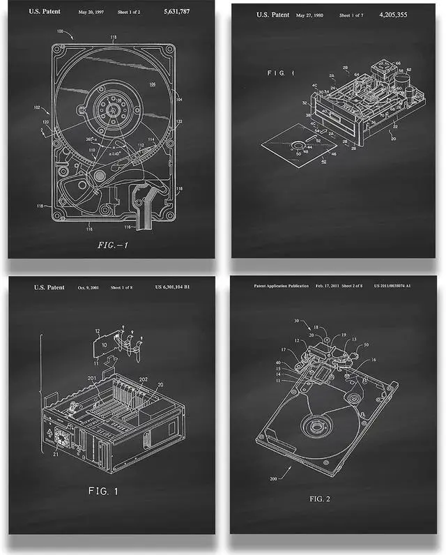 Main image of Computer Hard Drive Patents, Set of 4 Wall Art Decor for Home Office School College Teacher Student Tech Support Department Man Cave Geek
