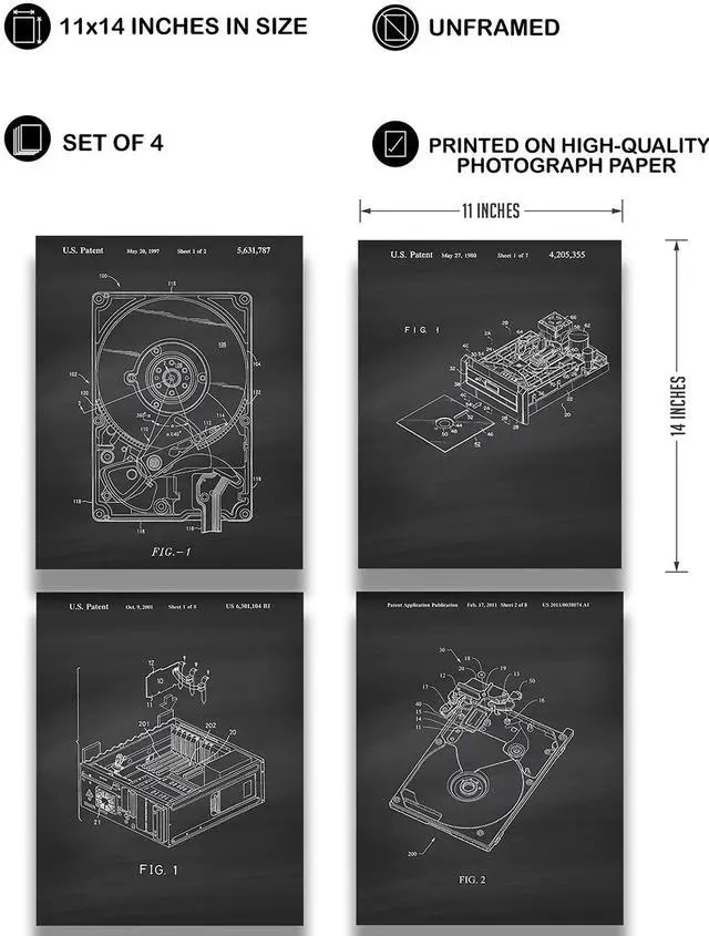 Alt view image 3 of 5 - Computer Hard Drive Patents, Set of 4 Wall Art Decor for Home Office School College Teacher Student Tech Support Department Man Cave Geek