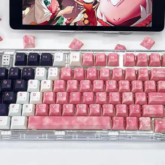Alt view image 3 of 5 - PBT Pink Japanese Keycaps - Minimalist Gradient Keycaps, 130 Keys Custom Cherry Profile Keycaps Set, Dye-Sublimation Keyboard Key Cap for 60% 65% 70% 75% 100% MX Switches Mechanical Keyboards(Pink)