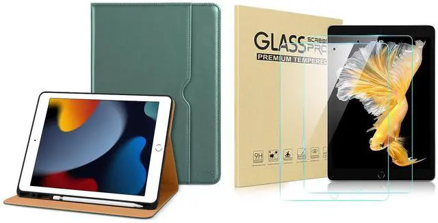 Main image of DTTO for iPad 9th/8th/7th Generation 10.2 Inch Case 2021/2020/2019, Premium Leather Business Folio Stand Cover with 2 Pack HD Clear Tempered Glass Screen Protector, Midnight Green