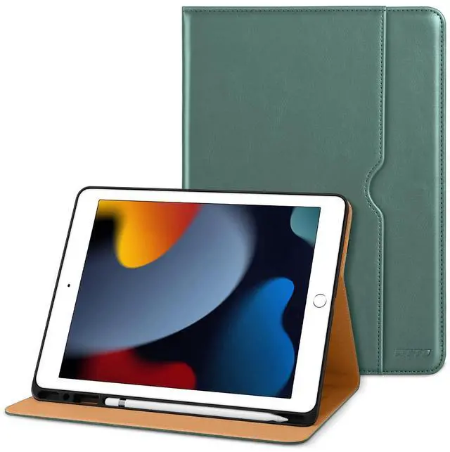 Alt view image 2 of 5 - DTTO for iPad 9th/8th/7th Generation 10.2 Inch Case 2021/2020/2019, Premium Leather Business Folio Stand Cover with 2 Pack HD Clear Tempered Glass Screen Protector, Midnight Green