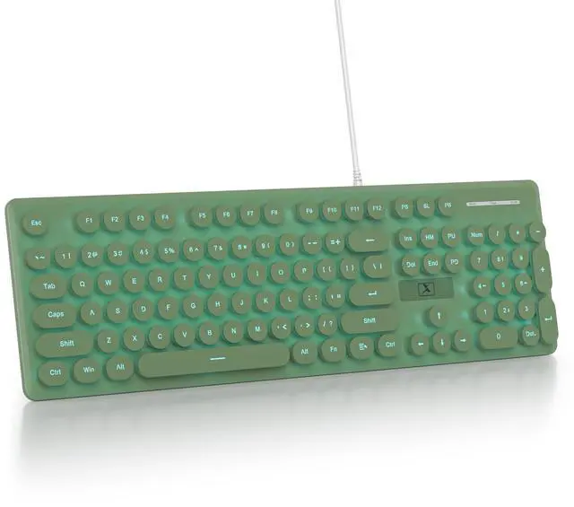 Main image of surmen Cute Quiet Keyboard Green Wired Typewriter Keyboard, Light Up Backlit PC Keyboards with Retro Round Keys Full Size 104 Keys for Office Computer (Dark Green)