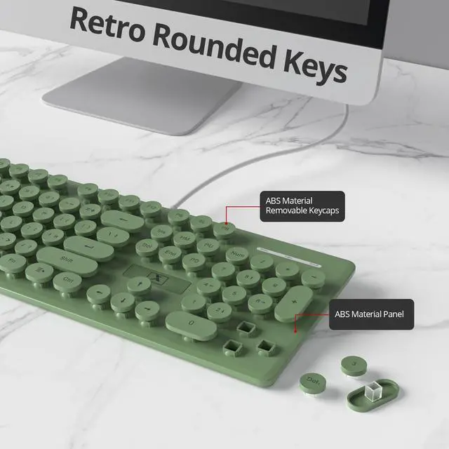 Alt view image 3 of 5 - surmen Cute Quiet Keyboard Green Wired Typewriter Keyboard, Light Up Backlit PC Keyboards with Retro Round Keys Full Size 104 Keys for Office Computer (Dark Green)