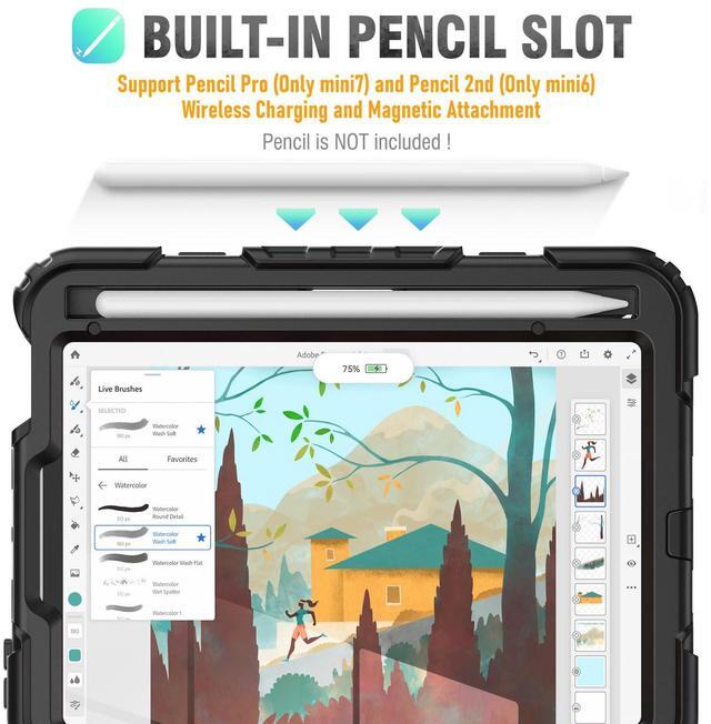 Alt view image 3 of 5 - HXCASEAC Case for iPad Mini 7 (A17 pro 2024) / Mini 6 8.3 inch, Shockproof Design with Pencil Holder/Screen Protector/Hand Strap, Kids Case for iPad Mini 7th/6th Generation 8.3" - Black