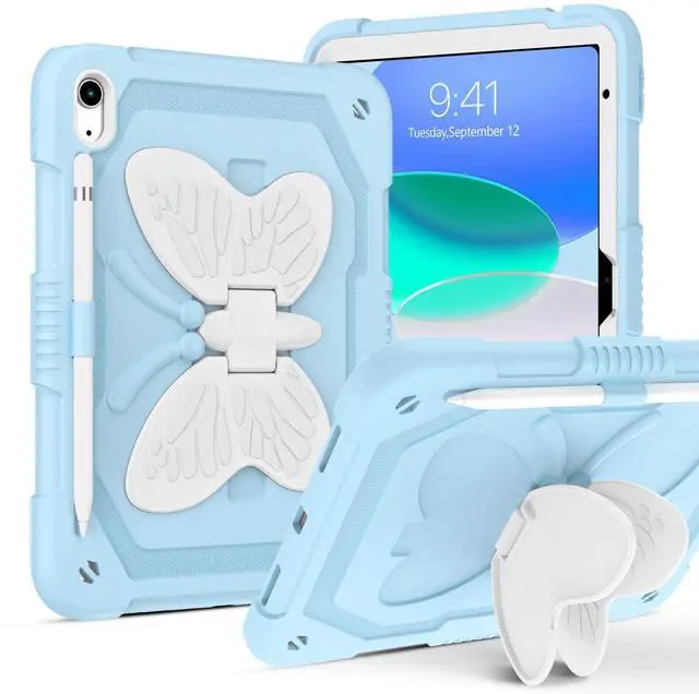 Main image of DUEDUE for iPad(A16) 11th Generation 11 Inch 2025 Case, iPad 10th Generation 10.9 inch 2022 Case, Butterfly Wings Kickstand Heavy Duty Shockproof Protective Tablet Cases for Kids, Beige/Blue
