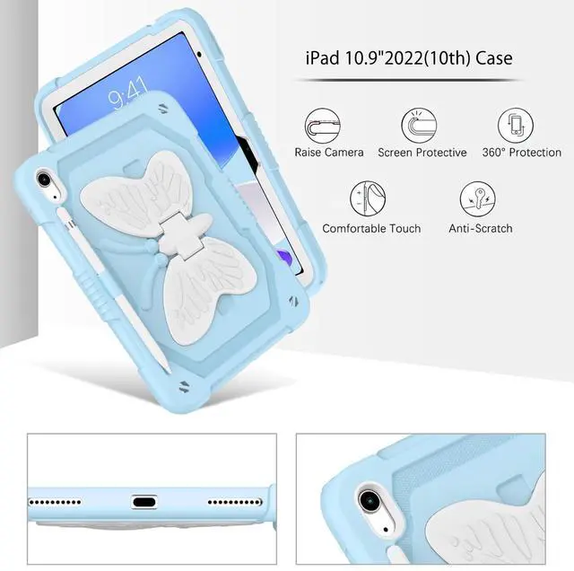 Alt view image 3 of 5 - DUEDUE for iPad(A16) 11th Generation 11 Inch 2025 Case, iPad 10th Generation 10.9 inch 2022 Case, Butterfly Wings Kickstand Heavy Duty Shockproof Protective Tablet Cases for Kids, Beige/Blue