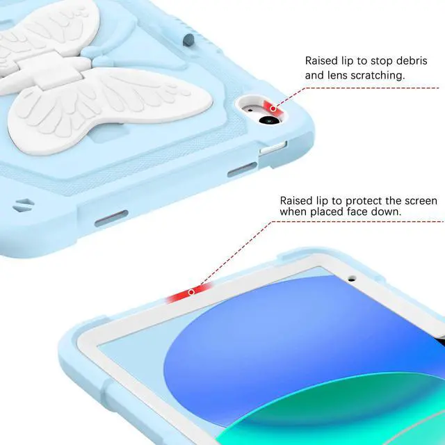 Alt view image 4 of 5 - DUEDUE for iPad(A16) 11th Generation 11 Inch 2025 Case, iPad 10th Generation 10.9 inch 2022 Case, Butterfly Wings Kickstand Heavy Duty Shockproof Protective Tablet Cases for Kids, Beige/Blue