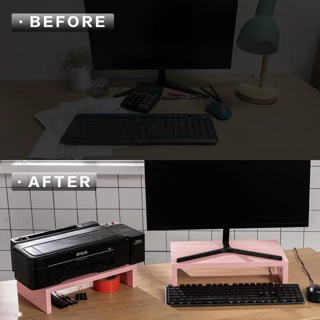 Alt view image 3 of 5 - HAZCOVE Dual monitor stand for desk, pink laptop stand with 18mm Plywood for 2 Monitors-15 Inch for home and office organize