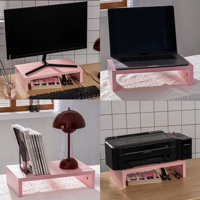 Alt view image 2 of 5 - HAZCOVE Dual monitor stand for desk, pink laptop stand with 18mm Plywood for 2 Monitors-15 Inch for home and office organize