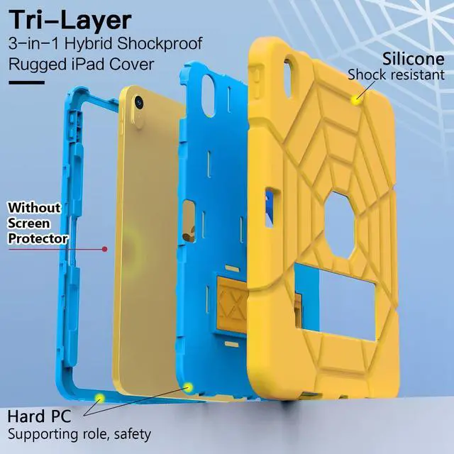 Alt view image 5 of 5 - Grifobes Kids Case for iPad 11-inch (A16) 2025 / iPad 10th Generation 2022 10.9 inch, Heavy Duty Shockproof Rugged 11th / 10 Gen Cover with Pencil Holder & Stand for Boy (Yellow+Blue)