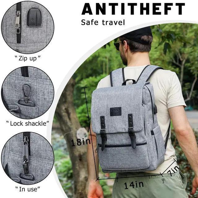 Alt view image 2 of 5 - HFSX Vintage Backpack Anti Theft Laptop Backpack Men Women Business Travel Computer Backpack College Bookbag Stylish Water Resistant Vintage Backpack with USB Port Fits 15.6 Inch Laptop Grey