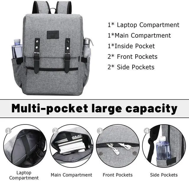 Alt view image 4 of 5 - HFSX Vintage Backpack Anti Theft Laptop Backpack Men Women Business Travel Computer Backpack College Bookbag Stylish Water Resistant Vintage Backpack with USB Port Fits 15.6 Inch Laptop Grey