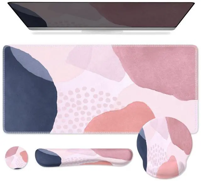 Main image of iCasso Desk Mat, Gaming Mouse Pad Wrist Support Set, XXL Large Mousepad + Keyboard Wrist Rest+Mouse Wrist Rest+Coastert with Ergonomic Design for Home Office Computer (C-Four-Pink-Block)