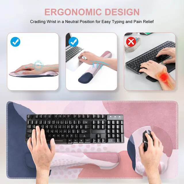 Alt view image 4 of 5 - iCasso Desk Mat, Gaming Mouse Pad Wrist Support Set, XXL Large Mousepad + Keyboard Wrist Rest+Mouse Wrist Rest+Coastert with Ergonomic Design for Home Office Computer (C-Four-Pink-Block)