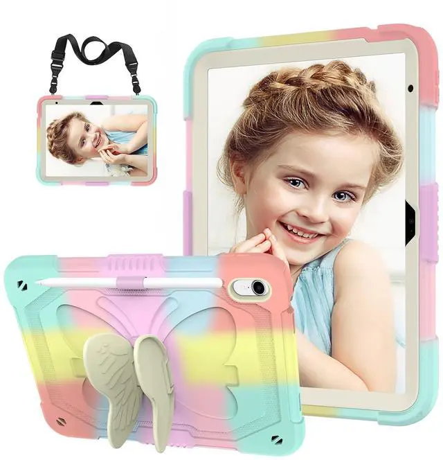 Main image of Kid Case for iPad (A16) 11th Generation 11 Inch 2025/ iPad 10th Generation case 10.9 Inch 2022, Hogenl for iPad 10 Case for Kids with Butterfly Stand, Pencil Holder Strap, 360 Protective, Colorful
