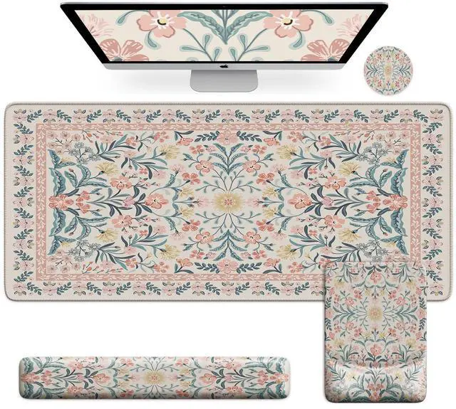 Main image of iCasso Desk Mat Pink,Cute Desk Pad Set,Memory Foam Keyboard Wrist Rest Non-Slip,4 in 1 Large Computer Mat for Women,Ergonomic Mouse Pad with Wrist Support for Home Office