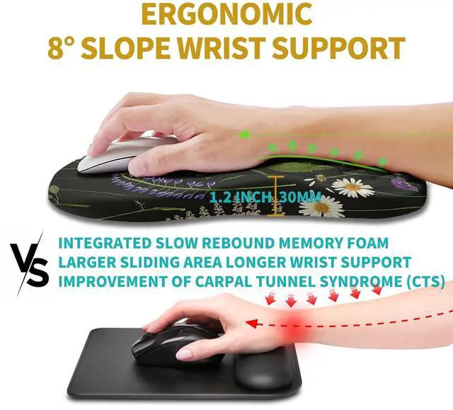 Alt view image 4 of 5 - Hokafenle Ergonomic Mouse Pad Wrist Support, Wrist Rest Mousepad for Carpal tunnel Pain Relief with Integrated Memory Foam Slope Massage Bulge (11.8x7.9 inch,Flowers