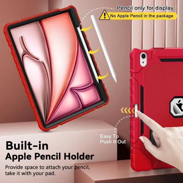 Alt view image 3 of 5 - Grifobes Case for iPad Air 13-inch (M3/M2) 2025/2024, Heavy Duty Shockproof Rugged Protective Cover with Pencil Holder/Built-in Stand for i Pad Air 13" (Red+Black)