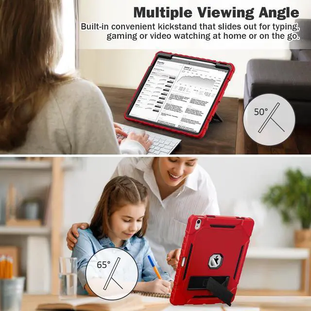 Alt view image 4 of 5 - Grifobes Case for iPad Air 13-inch (M3/M2) 2025/2024, Heavy Duty Shockproof Rugged Protective Cover with Pencil Holder/Built-in Stand for i Pad Air 13" (Red+Black)