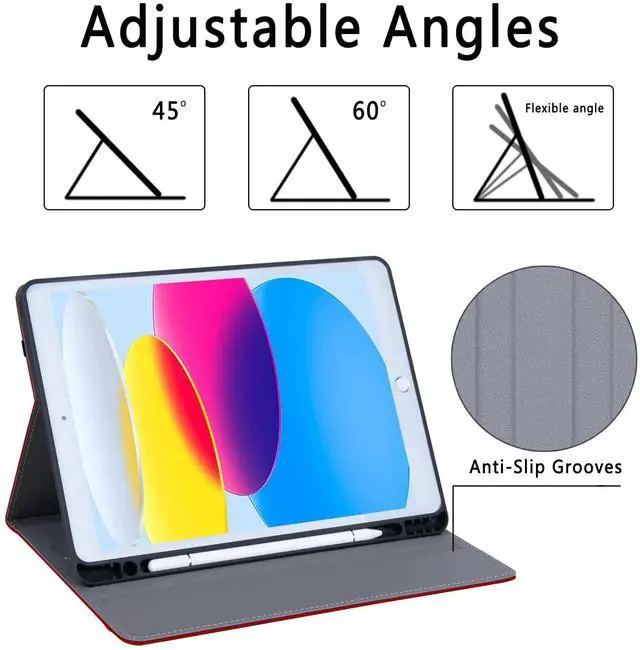 Alt view image 5 of 5 - HFcoupe 10.2 Case for iPad 9th Generation 2021 / 8th Gen 2020 / 7th Gen 2019, Multiple Angles Viewing Leather Folio Protective Cover with Pencil Holder and Pocket Auto Sleep/Wake - Red