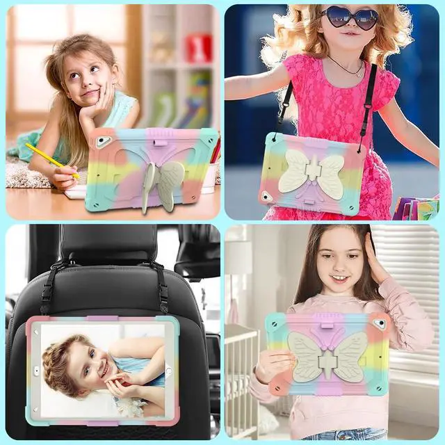 Alt view image 2 of 5 - HOGENL for iPad 9th 8th 7th Generation Case for Kids Girl with Pencil Holder, for iPad 10.2 Case with Butterfly Stand Shoulder Strap Shockproof Protective Cover, Multicolor