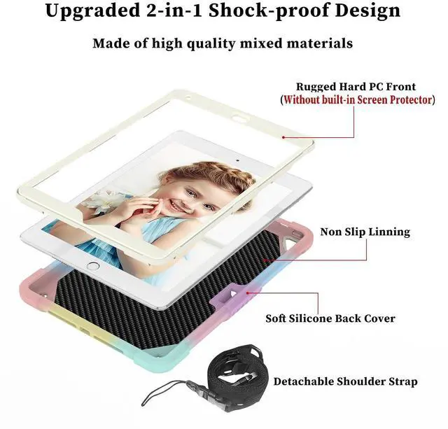 Alt view image 3 of 5 - HOGENL for iPad 9th 8th 7th Generation Case for Kids Girl with Pencil Holder, for iPad 10.2 Case with Butterfly Stand Shoulder Strap Shockproof Protective Cover, Multicolor