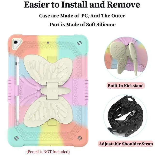 Alt view image 5 of 5 - HOGENL for iPad 9th 8th 7th Generation Case for Kids Girl with Pencil Holder, for iPad 10.2 Case with Butterfly Stand Shoulder Strap Shockproof Protective Cover, Multicolor