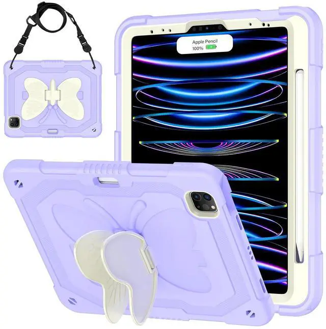 Main image of HOGENL for iPad Pro 11 inch Case for Kids Girl with Pencil Holder, for iPad Air 5th/4th Generation Case 10.9" with Butterfly Stand Shoulder Strap Protective Cover for pro 11 4th/3rd/2nd/1st, Purple