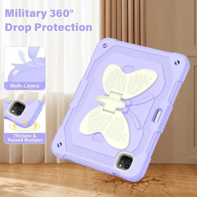 Alt view image 2 of 5 - HOGENL for iPad Pro 11 inch Case for Kids Girl with Pencil Holder, for iPad Air 5th/4th Generation Case 10.9" with Butterfly Stand Shoulder Strap Protective Cover for pro 11 4th/3rd/2nd/1st, Purple