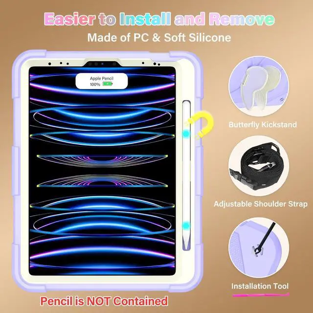 Alt view image 4 of 5 - HOGENL for iPad Pro 11 inch Case for Kids Girl with Pencil Holder, for iPad Air 5th/4th Generation Case 10.9" with Butterfly Stand Shoulder Strap Protective Cover for pro 11 4th/3rd/2nd/1st, Purple