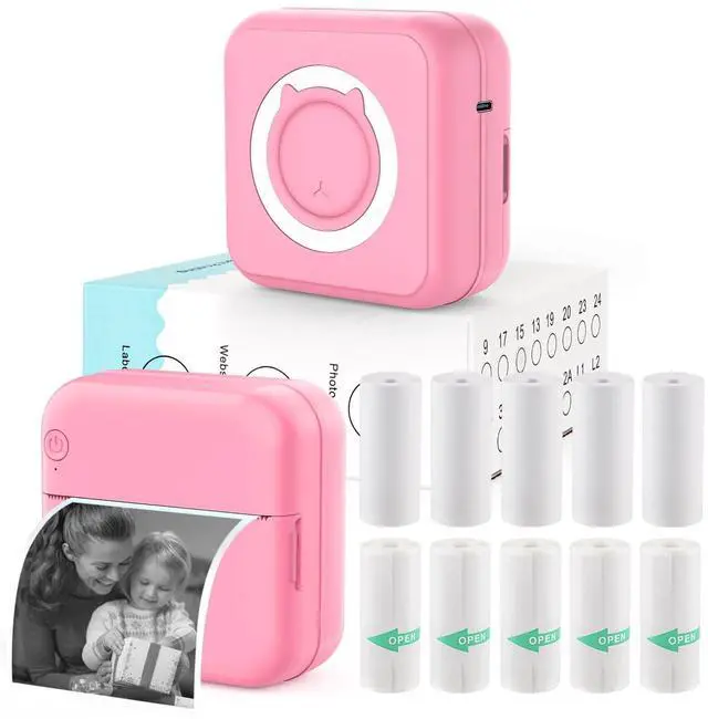 Main image of HUIJUTCHEN Inkless Mini Thermal Pocket Printer, Wireless Mini Sticker Printer with 10 Rolls Thermal Paper for iOS&Android, Portable Mini Photo Printer for Notes Journal Memo Photo Study, Pink