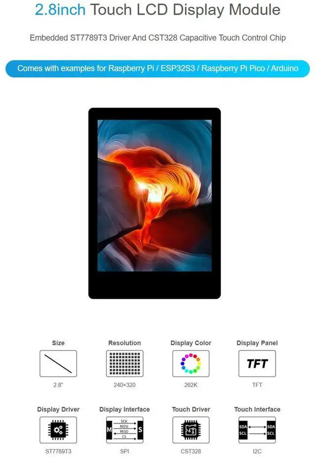 Alt view image 5 of 5 - iiunius 2.8" LCD Module, Capacitive Touch Screen, 240320 Resolution, ST7789T3&CST328, 3.3V/5V, Raspberry Pi/Raspberry Pi Pico/Arduino Compatible