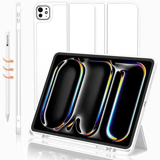 Main image of iMieet for iPad Pro 11 Inch Case M4 2024 (5th Generation) with Pencil Holder, [Support Pencil Pro and Pencil (USB-C)], Trifold Stand Smart Case with Soft TPU Back, Auto Wake/Sleep (White)
