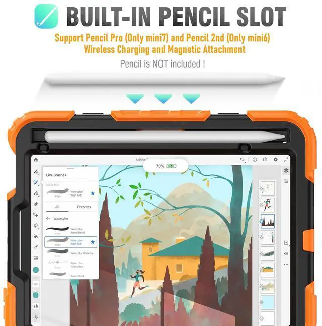 Alt view image 3 of 5 - HXCASEAC Case for iPad mini 7 (A17 pro 2024) / Mini 6 8.3 inch, Shockproof Design with Pencil Holder/Screen Protector/Hand Strap, Kids Case for iPad mini 7th/6th Generation 8.3" - Orange
