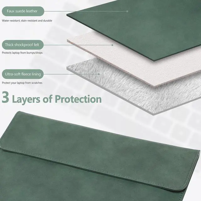 Alt view image 3 of 5 - HYZUO 15 Inch Laptop Sleeve Bag for 2025-2023 MacBook Air 15 M4 A3241 M3 A3114 M2 A2941, 15" Surface Laptop 7/6/5/4/3, MacBook Pro 15, Faux Suede Leather Case with Pouch, Midnight Green-H