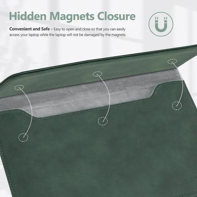 Alt view image 4 of 5 - HYZUO 15 Inch Laptop Sleeve Bag for 2025-2023 MacBook Air 15 M4 A3241 M3 A3114 M2 A2941, 15" Surface Laptop 7/6/5/4/3, MacBook Pro 15, Faux Suede Leather Case with Pouch, Midnight Green-H