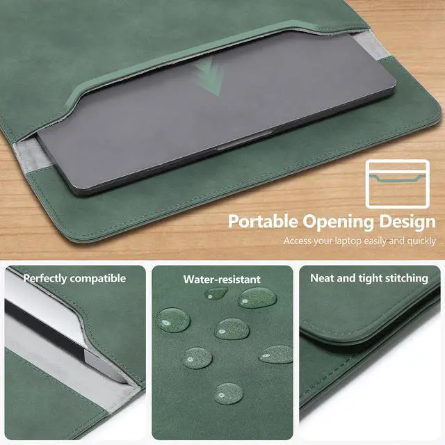 Alt view image 5 of 5 - HYZUO 15 Inch Laptop Sleeve Bag for 2025-2023 MacBook Air 15 M4 A3241 M3 A3114 M2 A2941, 15" Surface Laptop 7/6/5/4/3, MacBook Pro 15, Faux Suede Leather Case with Pouch, Midnight Green-H