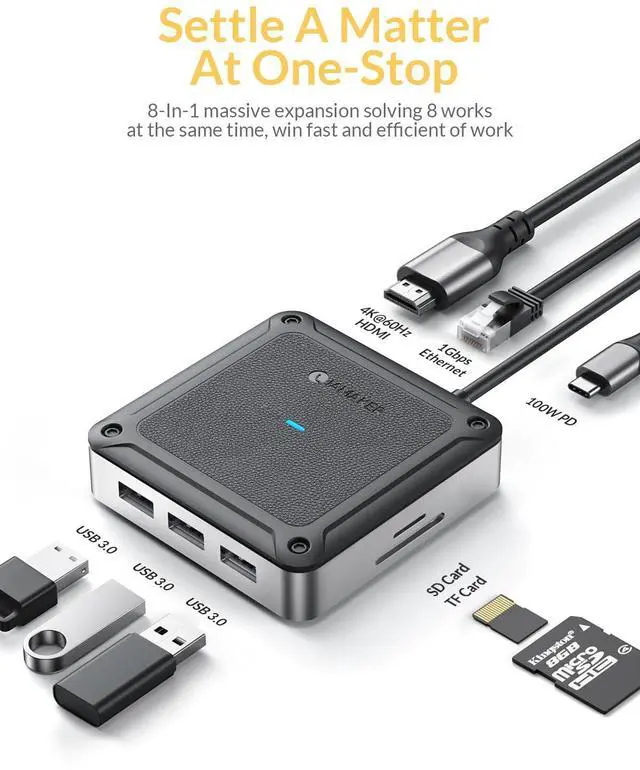 Alt view image 2 of 5 - USB C Hub, IAMAKER 8 Port USB-C Hub Multiport Adapter, 4K@60Hz HDMI Port & 1Gbps Ethernet & 100W Power Delivery & 3 Port USB 3.0 Data Ports & SD and TF Card Reader, USB C Splitter Dongle