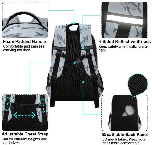 Alt view image 4 of 5 - Eionryn Wild Shark Sea Animal Backpack Laptop Backpacks Book Bags Water Resistant Daypack Durable College Shoulder Bag Sports Travel Day Pack