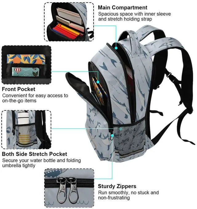 Alt view image 5 of 5 - Eionryn Wild Shark Sea Animal Backpack Laptop Backpacks Book Bags Water Resistant Daypack Durable College Shoulder Bag Sports Travel Day Pack