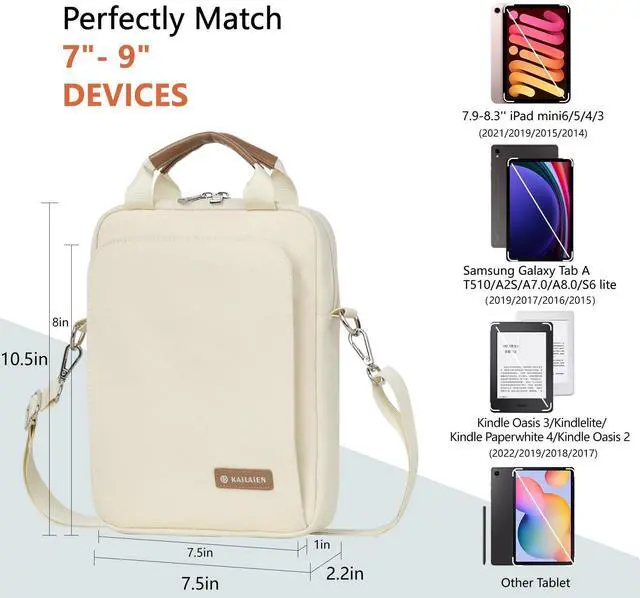 Alt view image 2 of 5 - Kailaien 7-9 Inch Tablet Sleeve Bag, Ipad Bag for iPad mini 6/5/4/3/2,Samsung Galaxy Tab A7 Lite 8.7" / Tab A 8.0",Kindle 2022/10/9/8/7/6,eReader,with Removable Shoulder Strap (Beige)