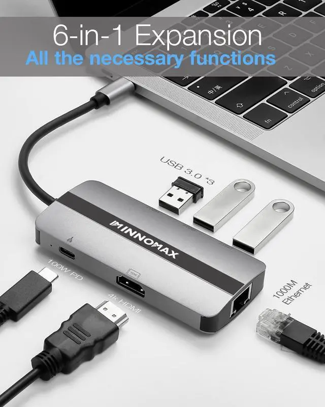 Alt view image 2 of 5 - USB C Hub Ethernet, INNOMAX 6 in 1 USB C to USB 3.0 Hub, Multiport Adapter with HDMI 4K 30Hz, 100W Power Delivery, 1000M Ethernet, 3 USB 3.0 5Gbps Fast Data Ports for MacBook Pro Air, iPad and More